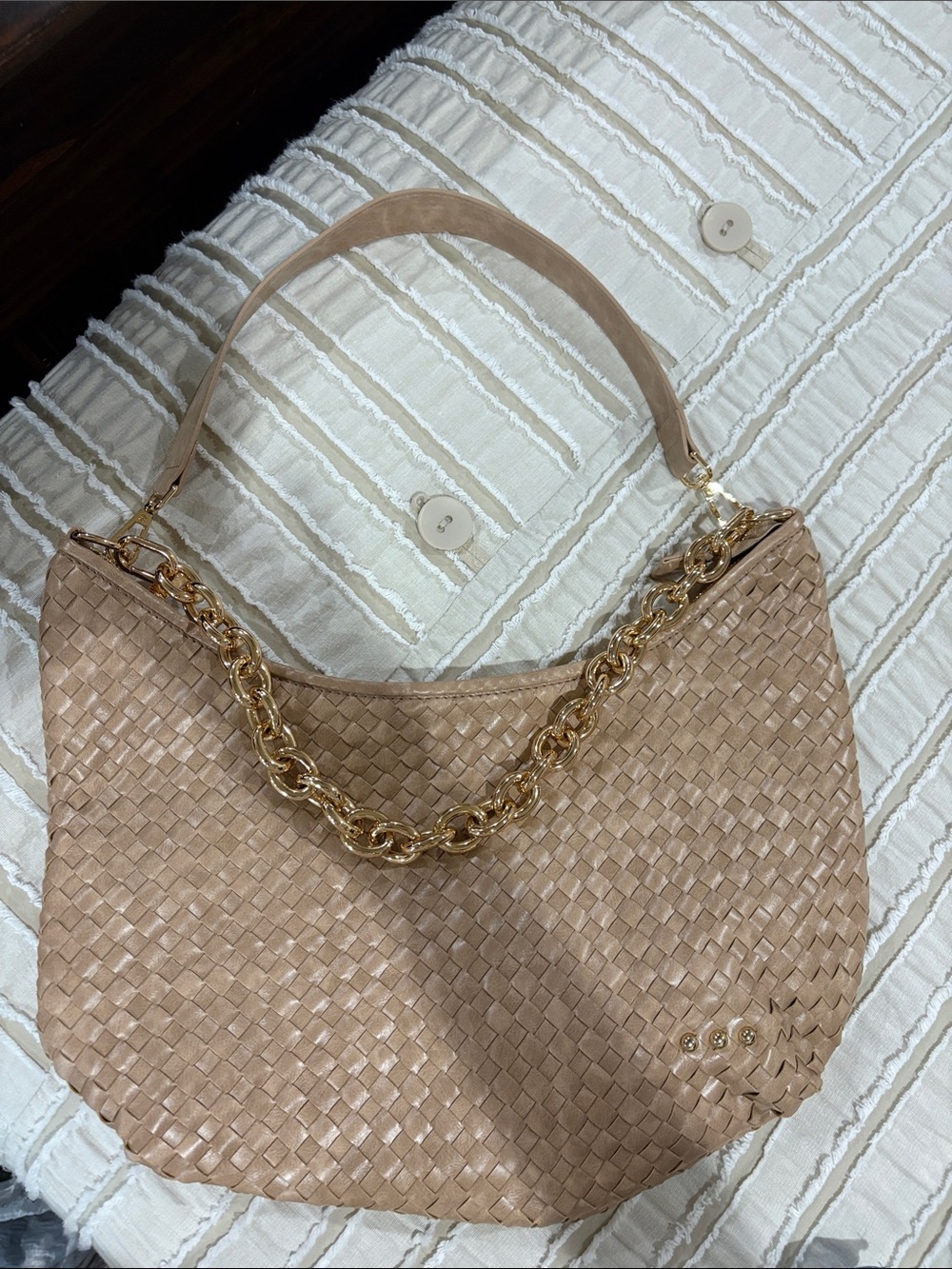 Woven Convertible Shoulder Bag in Beige with Gold Chain